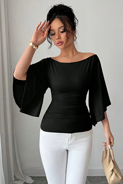 COOL TARZ Women's White Boat Neck Flare Sleeve Draped Fit Blouse
