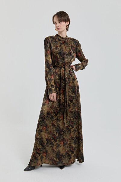 Nihan Kuşaklı Jakar Elbise Haki