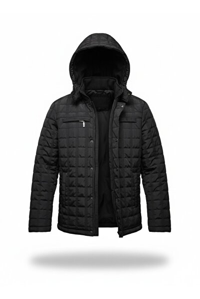 BERMUDA Erkek Siyah Kapüşonlu İçi Kürklü Şişme Su İtici Rüzgar Geçirmez Mont