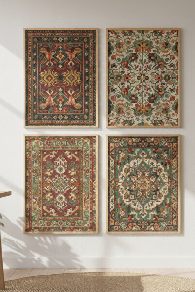 Tontilika Etnik Halı Desenleri Dekoratif 4’lü Ahşap Çerçeveli Tablo Seti - Sa...