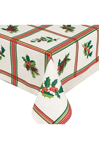 SHOPIENS Decorative Christmas Tablecloth - Ecru with Large Checks and Mistletoe 180 x 140 cm