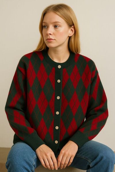 Sfg Life Moda Women's Diamond Patterned Jacket Cardigan with Gold Buttons on the Front