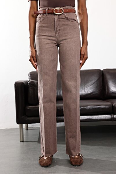 5in1Canpolat Washed Brown High Waist Straight Jeans
