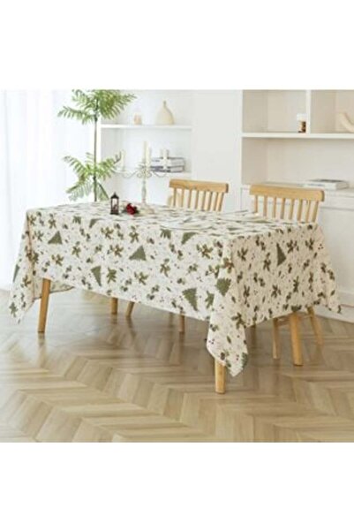 SHOPIENS Fata de Masa Decorativa de Craciun Bej Aurii cu Brazi Ramuri Conuri Berries 180 x 140 cm