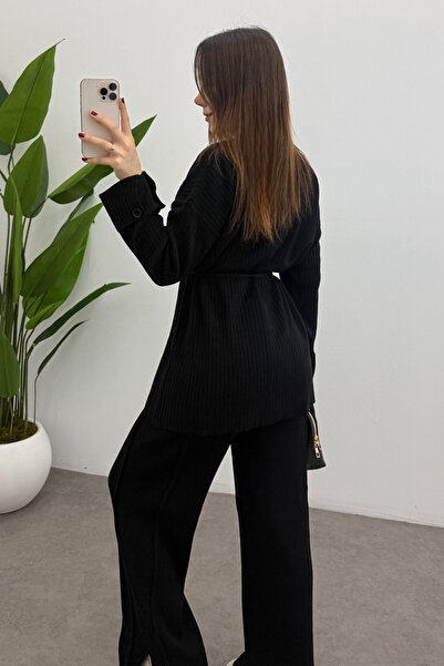 Bipantolon Women's Black Waist Tied Button Detailed Corded Fabric Knitwear Sweater Trousers Two-Piece Set