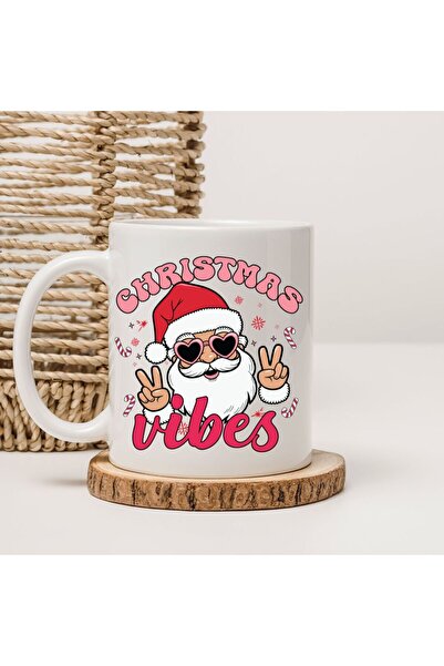 kubdekor Printed New Year Christmas Gift Mug Cup with Christmas Vibes Written on It