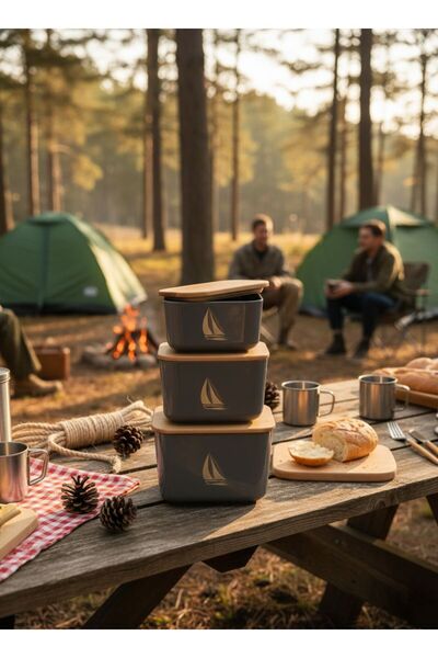 CEM HOME Natural Wooden Lid Marine Triple Set Storage Container Lunch Box (3-Piece)