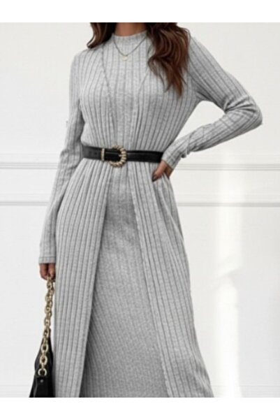 buğrahayalin Women's Long Sleeve Semi Turtleneck Hoodie Camisole Dress and Long Cardigan Double Set