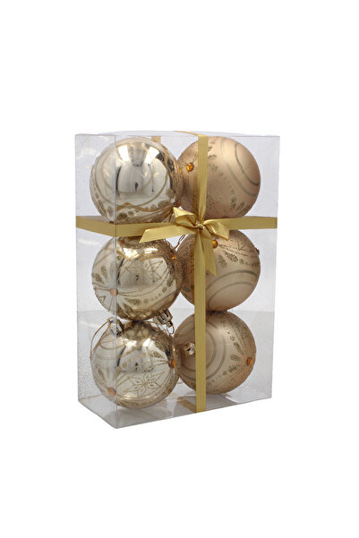 Selgot Set 6 Golden Baubles for Christmas Tree, Diameter 8 cm, Model 3