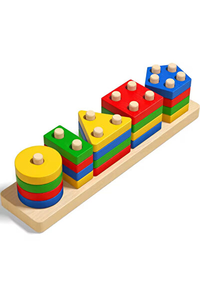 Stuniko Jucărie educativă Montessori din lemn - Forme geometrice, 20 de piese, 6 x 26,5 cm, Multicolor, 3+