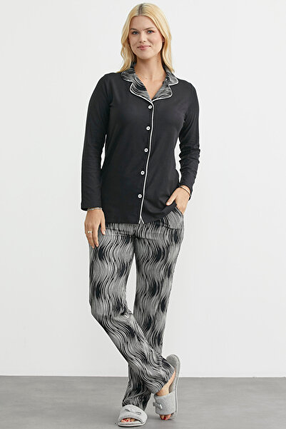 Sementa Patterned Buttoned Pajama Set - Black