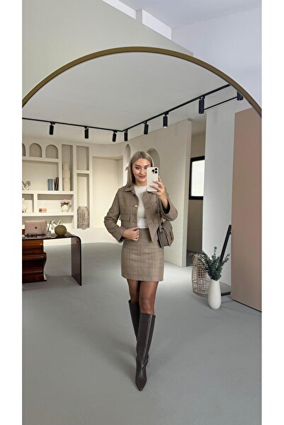 Sezgi Tekin Φούστα με καρό σχέδιο καφέ