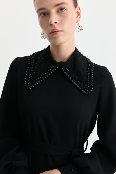 Nihan Yaka Detaylı Balon Kollu Elbise Siyah - Siyah