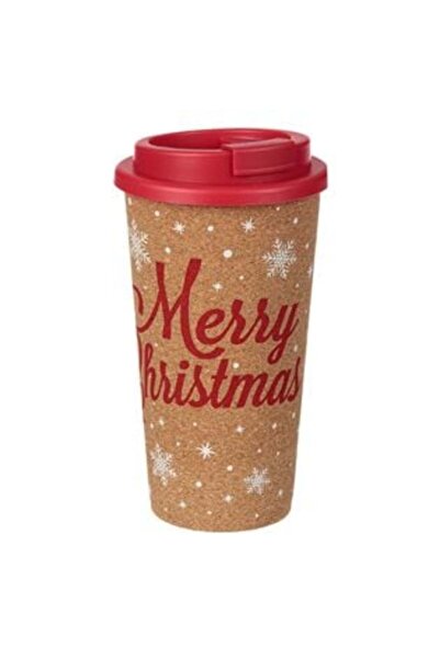 SHOPIENS Pahar de plastic de Crăciun cu strat de plută și capac roșu Merry Ch...