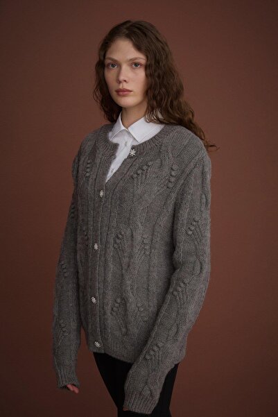 Nihan Taş Düğmeli Saç Örgülü Triko Hırka Antrasit