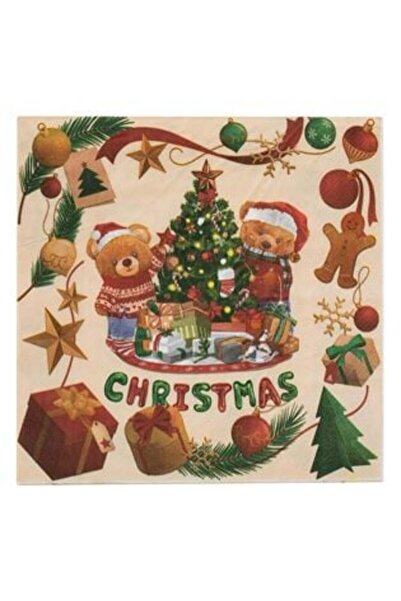 SHOPIENS Christmas Paper Napkins 2-Ply Beige Teddy Bear & Tree "Christmas" 40 x 40 cm - 20 pcs