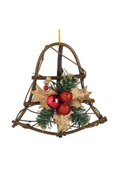 OEMN Decorative Christmas Bell with Pine Branch and Golden Mistletoe with Red Baubles, 21 cm