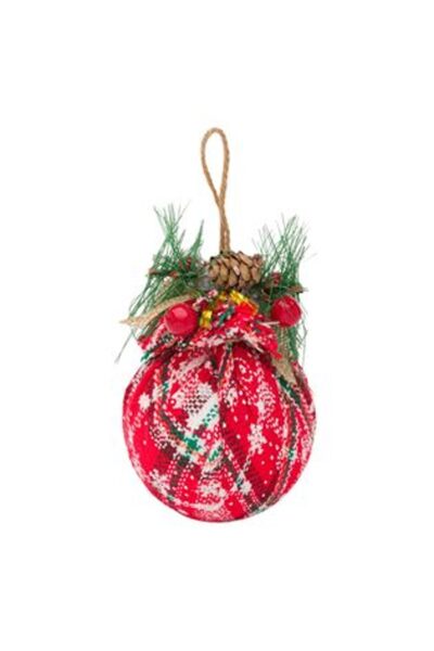 IRO Christmas Tree Ornament - Red Checked Bauble with Cones and Berries, 8 cm