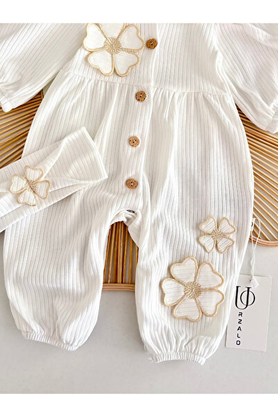 Jammybaby Daisell Embroidered K Ribbed Knit 100% Cotton Jumpsuit and Bandana Set