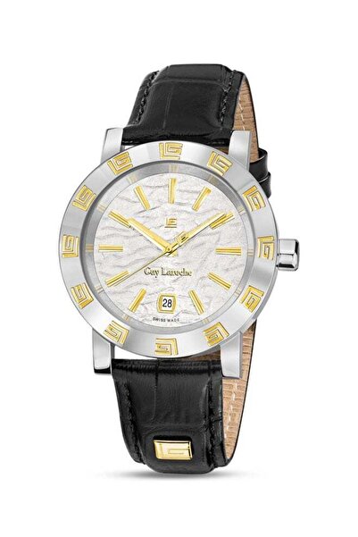 Guy Laroche Alex Gents 40mm Swiss Quartz Watch - White Textured Dial, Gold-Plated Ring, Black Leathe