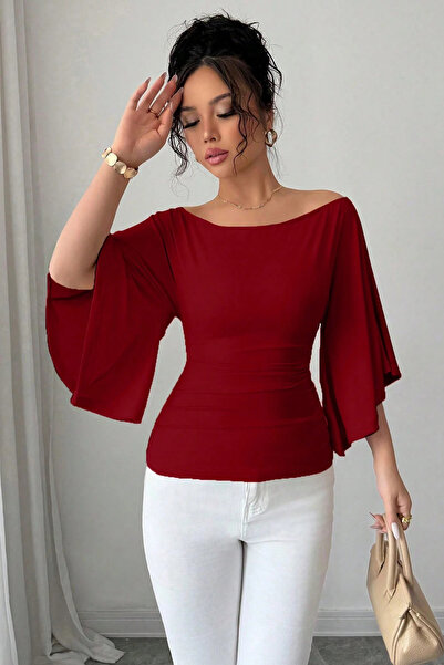 COOL TARZ Women's White Boat Neck Flare Sleeve Draped Fit Blouse