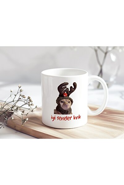 Beramussa İyi Seneler Knk Geyikli Kostümlü Komik Köpek Temalı Kupa Bardak - Yeni Yıl & Yılbaşı Hediyesi