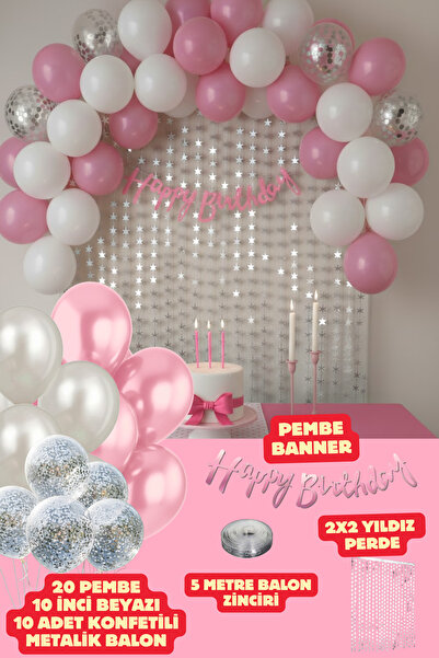 Baloncu Nene Pembe Happy Birthday Banner Balon Seti Arka Fon Pembe İnci Beyaz...