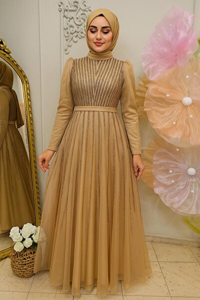 KADİR KORKMAZ GİYİM Kabarık Taşlı Prenses Model Tesettür Abiye Elbise