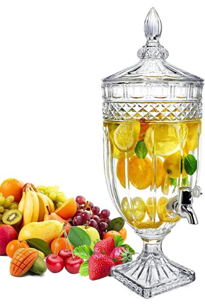 ABAREEK موزع مشروبات زجاجي من، سعة 3 لترات، مع غطاء زجاجي وصنبور - كريستال عتيق، خطوط عمودية