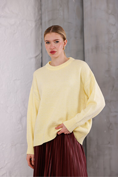 Moda Değirmeni Κίτρινο πλεκτό πουλόβερ με λαιμόκοψη oversized MD1191-313-0003