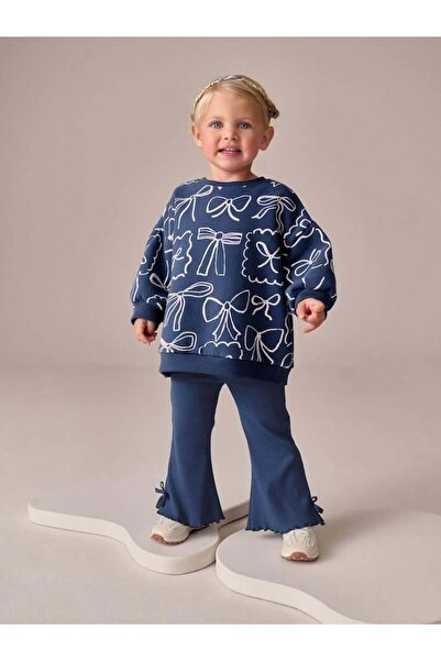 Magu Girl's Cotton Navy Blue Bow Patterned Sweatshirt and Flared Leg Sweatpants Set - Comfortable Casual Style