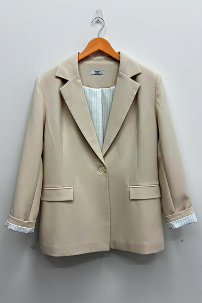 FERHEL Kadın Tek Düğmeli Çizgili Astarlı Blazer Ceket
