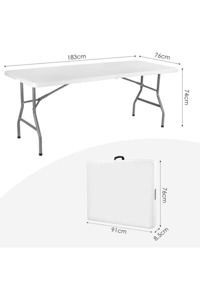 Türkiye Folding Dining Table 6ft Plastic, Portable w/Handle, Fold-in-Half, White, 183 x 76 x 73 cm