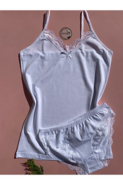 LEYNA BUTİK Women's Cotton Stretch Fabric Lace V-Neck 4-Piece Green, White, Powder, Blue Thread Strap Undershirt and Panties Set