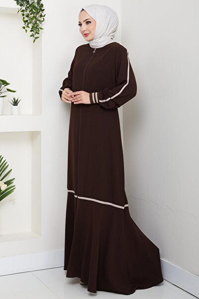 hafsamina Stripe Detailed Ferace Bitter Brown Hm2035