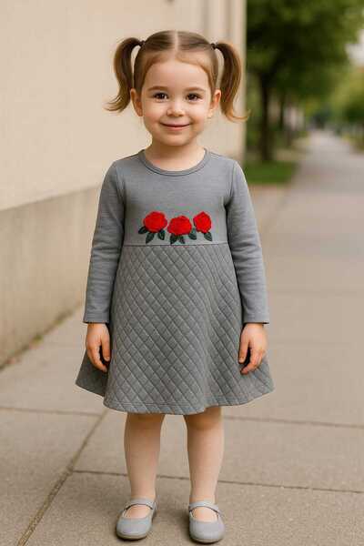 elfanto kıds فستان بناتي رمادي – تفاصيل وردة حمراء