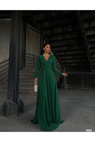Modafeminen Double-Breasted Collar Long Sleeve Slit Maxi Length Evening Dress 583036 Emerald