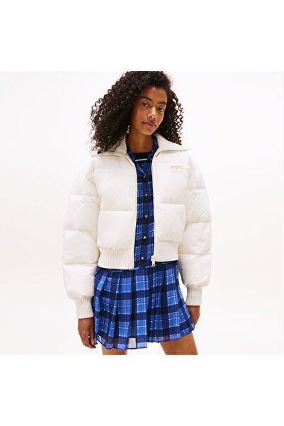 Tommy Hilfiger Crop Ribbed Detail Puffer Kadın Beyaz Mont
