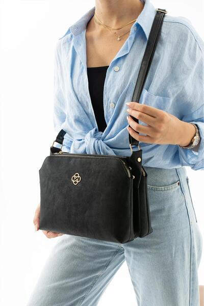 mugalas Μαύρη τσάντα ώμου ποιότητας Nubuck με ρυθμιζόμενο μακρύ λουράκι τριών τμημάτων