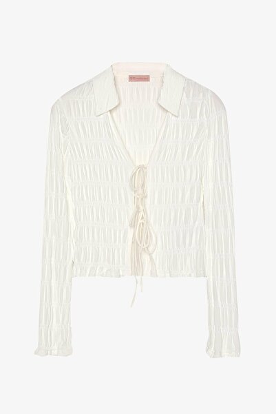 Quzu بلوزة نسائية ريفية برباط من إكرو 26KBLZ01094-Ekru