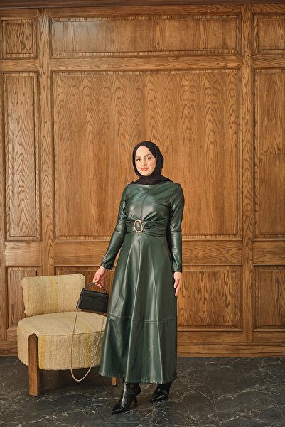 LOCCO Kadın Şardonlu Deri Elbise Zümrüt Yeşil