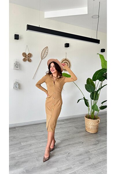 modadagiyim Shirt Collar Buttoned Slit Long Sleeve Midi Very Stylish Dress