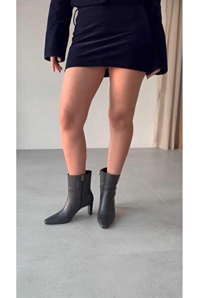 FSKOMBİN Tadiç Women's Black Genuine Leather Side Zipper Block Heeled Boots