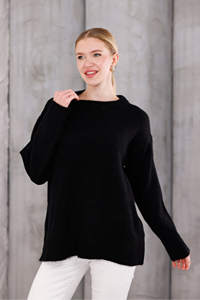 Moda Değirmeni Μαύρο πλεκτό πουλόβερ με λαιμόκοψη oversized MD1191-313-0003
