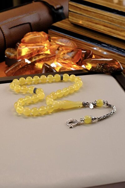 dergah tesbih Silver Crescent and Star Design Globe Model Drop Amber Wrist Length Prayer Beads (Amber), (Amber Drop Prayer Beads)