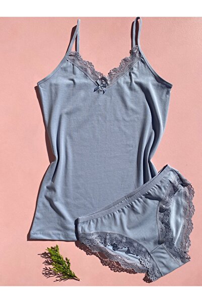 LEYNA BUTİK Women's Cotton Stretch Fabric Lace V-Neck 4-Piece Green, Black, Powder, Blue String Strap Undershirt and Panties Set