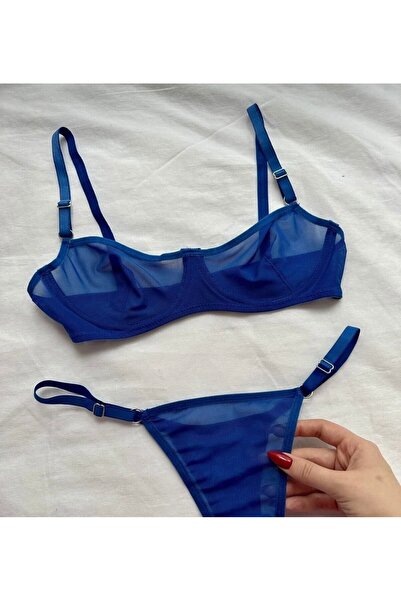 Saks Mavisi Tül Treansparan Bralet İç Çamaşırı Takımı