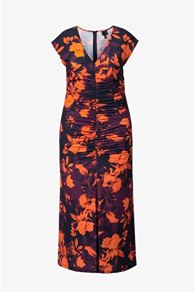 Şans Women's Plus Size Colorful, Floral Patterned, and Neckline Front Elastic Ruched Detail Jersey Dress 65N39216