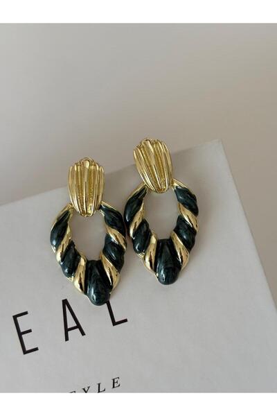 marsel aksesuar Vintage Stripe Drop Green Gold Brass Earrings