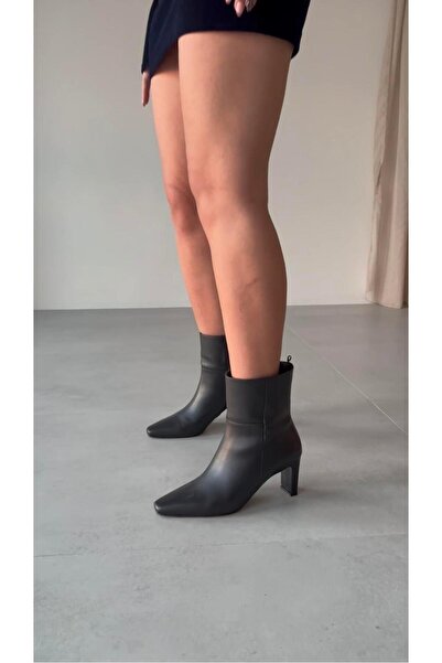 FSKOMBİN Tadiç Women's Black Genuine Leather Side Zipper Block Heeled Boots